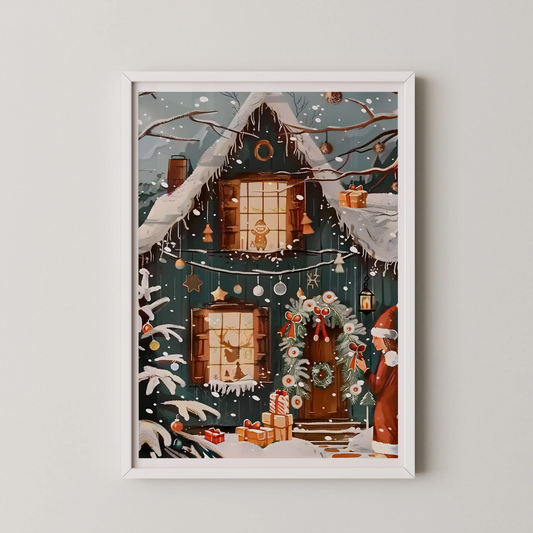 A whimsical modern illustration of a snowy cottage with a warm window glow.