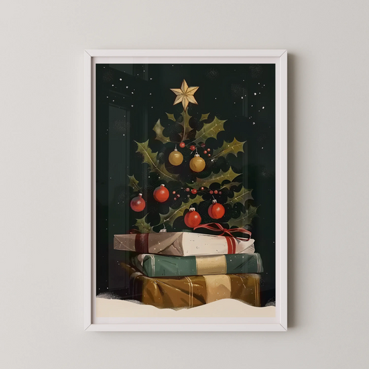 A vintage Christmas illustration of a conifer tree made of holly, baubles, and presents, in a painterly digital style.