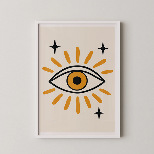 A modern minimalist art piece featuring a boldly illustrated eye in golden amber and black tones.
