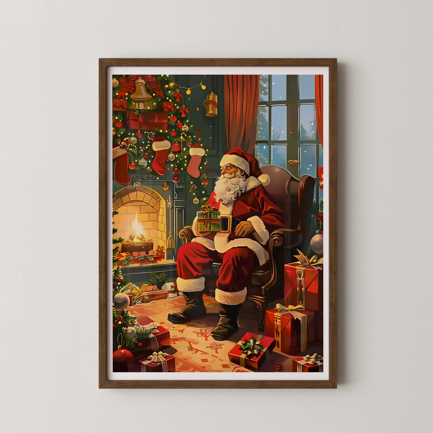 A classic illustration of jolly Santa Claus seated by a hearth, in a painterly digital realism style.
