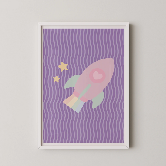 A minimalist illustration of a pastel rocket with heart window, mint green fins, and pale yellow stars against lavender waves.