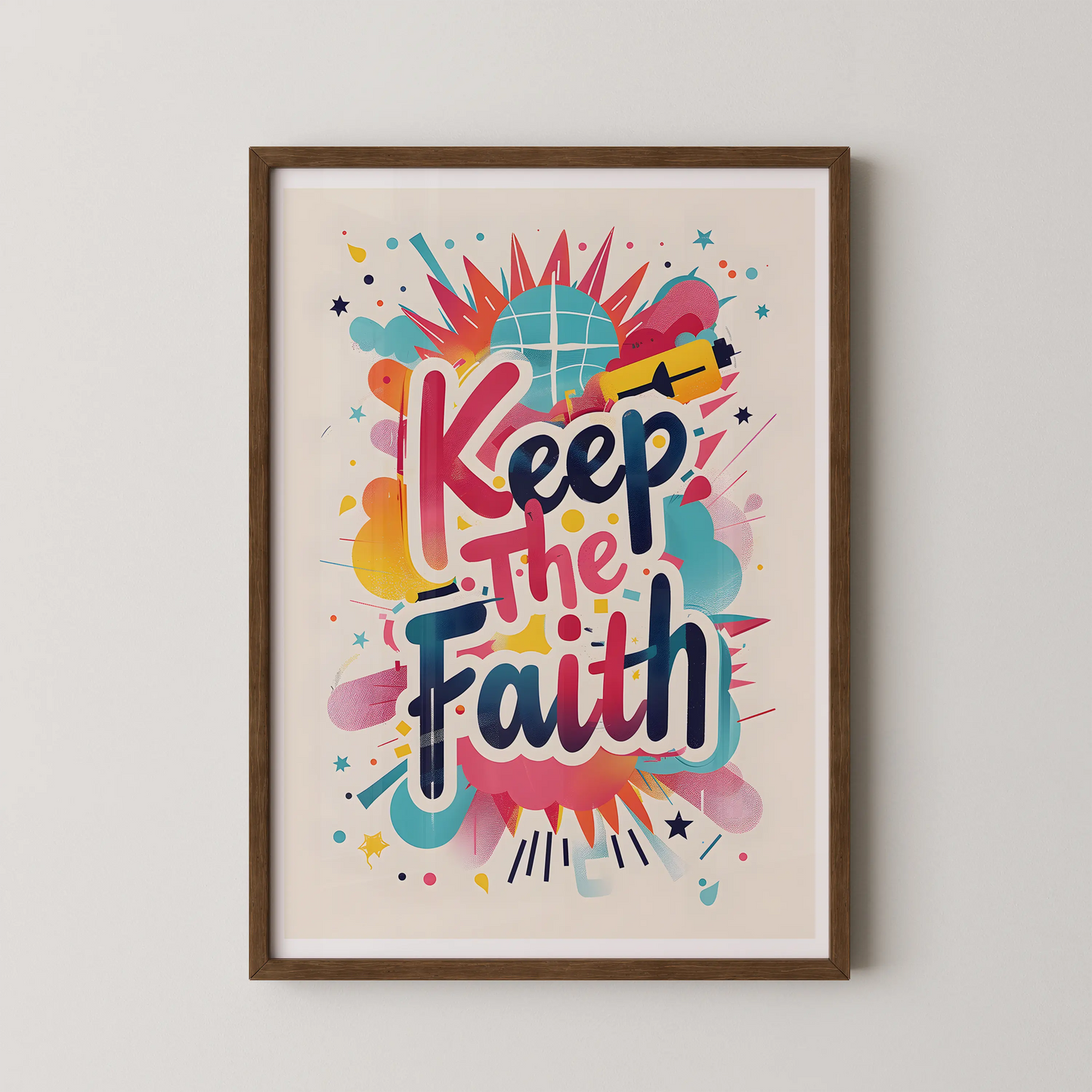 A graffiti-inspired Pop Art style wall art featuring the motivational phrase "Keep The Faith" with abstract shapes.