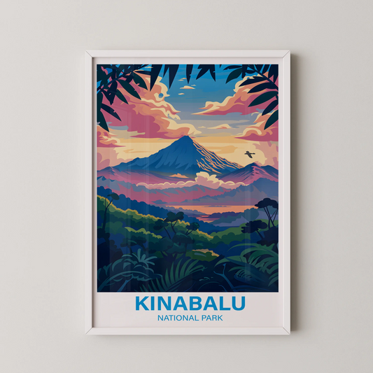 A stylized vector landscape of Mount Kinabalu in a bold, poster-style with vibrant, flat-color planes.