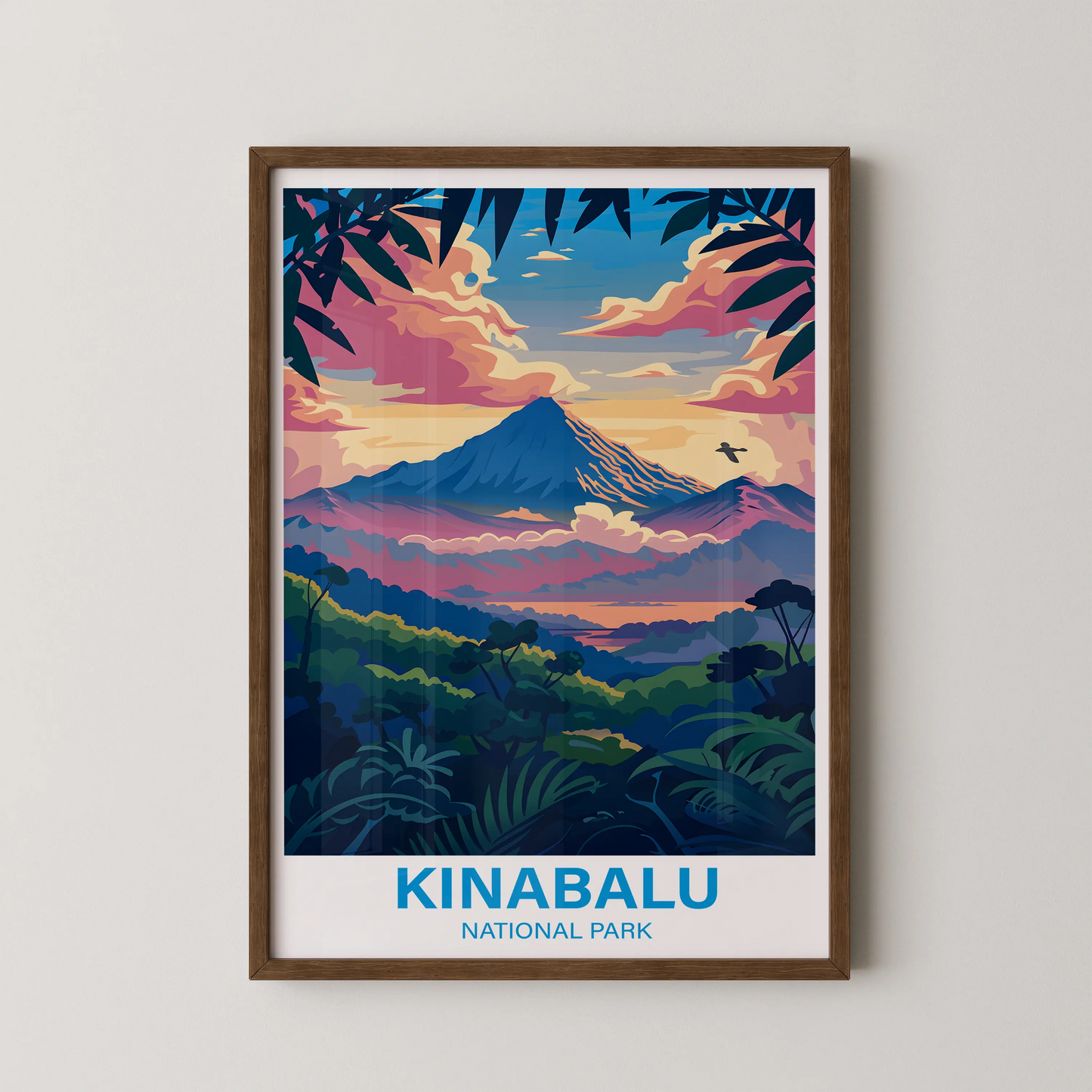 A stylized vector landscape of Mount Kinabalu in a bold, poster-style with vibrant, flat-color planes.