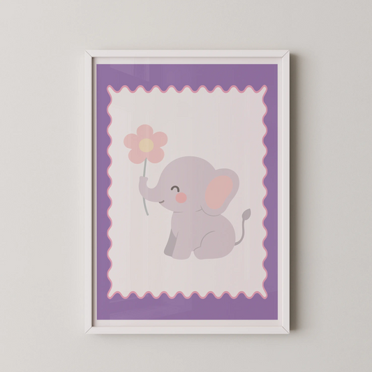 A modern flat vector illustration of a baby lavender elephant holding a pink flower, in a kawaii style.