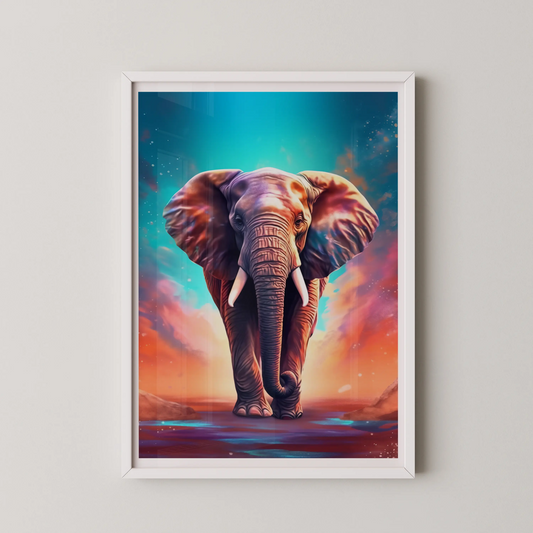 A digital painting of an elephant in a vibrant, surreal landscape, in a modern style.