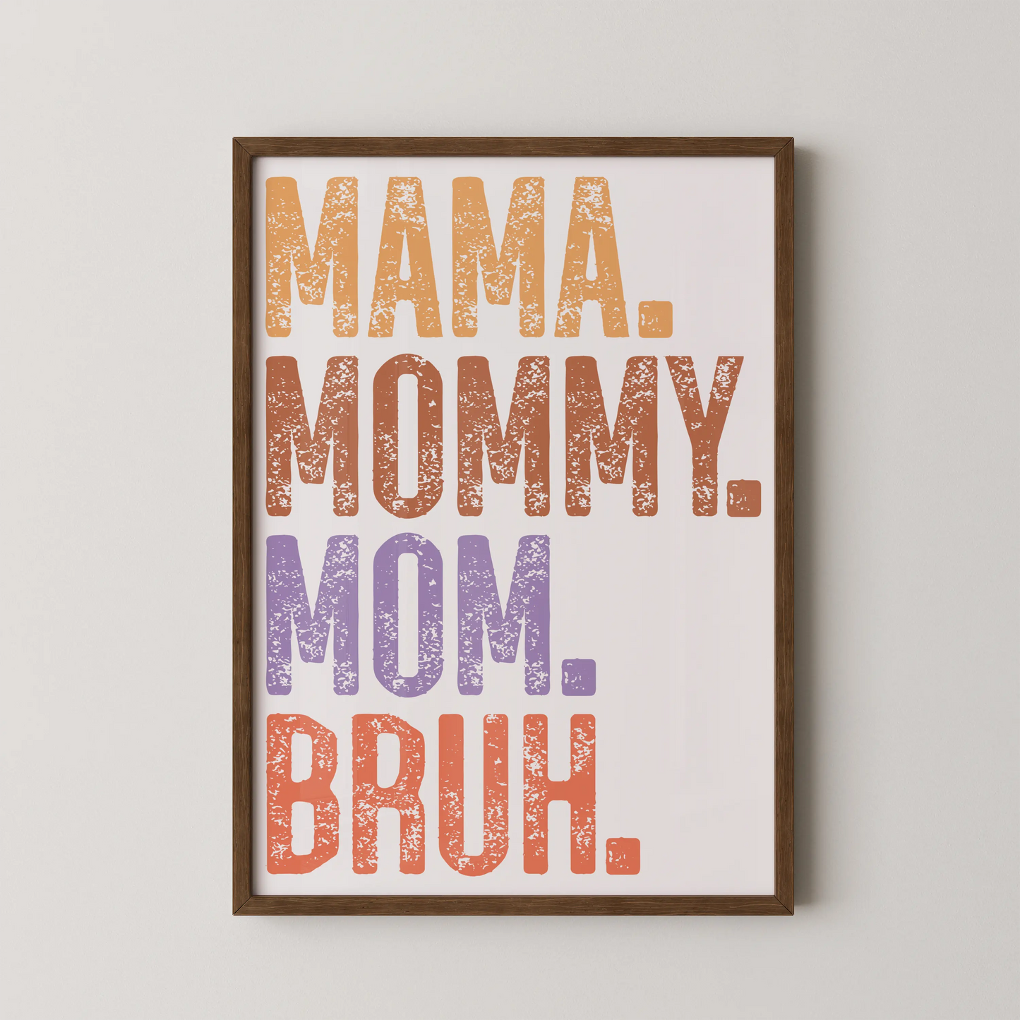 A vertical typographic poster with distressed letters spelling MAMA. MOMMY. MOM. BRUH. in a modern style.