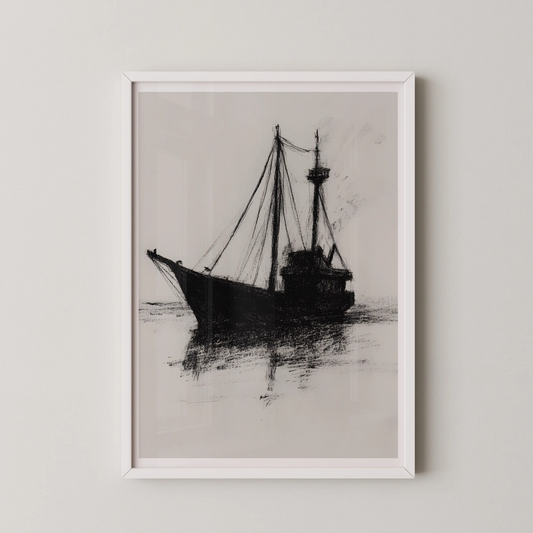 A classic charcoal drawing of a sailing ship in silhouette on a calm sea, embodying a mysterious and elegant maritime atmosphere.