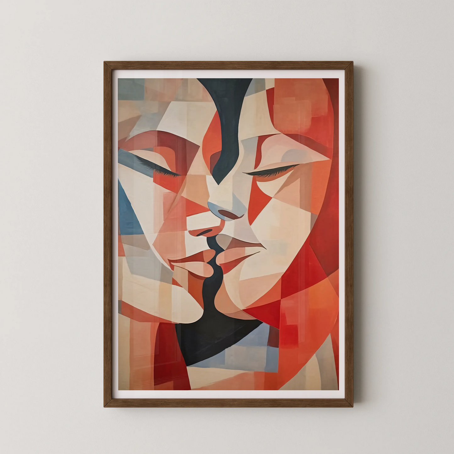 A geometric abstract artwork depicting two faces in a modern kiss, in shades of red, orange, blue, white, and black.