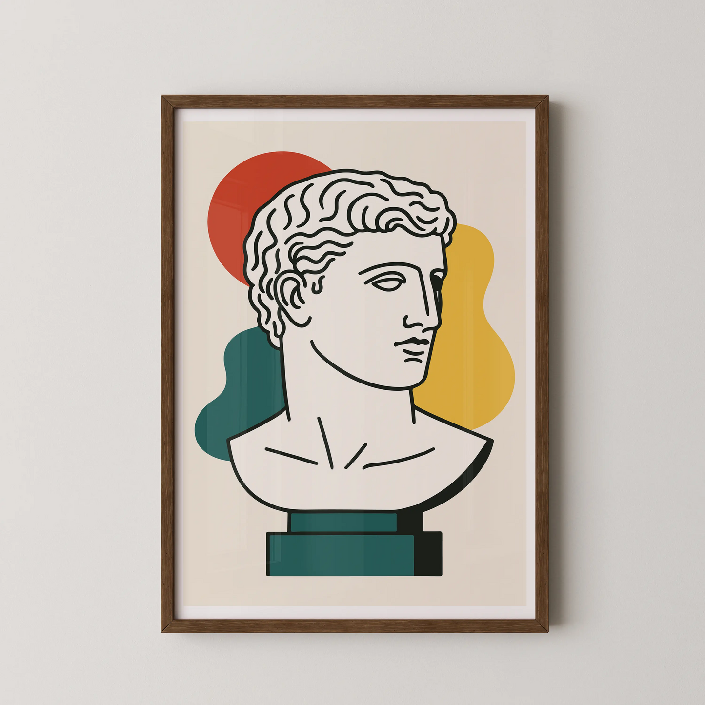 A modern abstract wall art poster featuring a classical bust with minimalist line art and vibrant shapes.