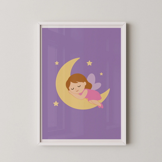 A modern kawaii-inspired illustration of a sleeping fairy resting on a crescent moon, perfect for a kids room.