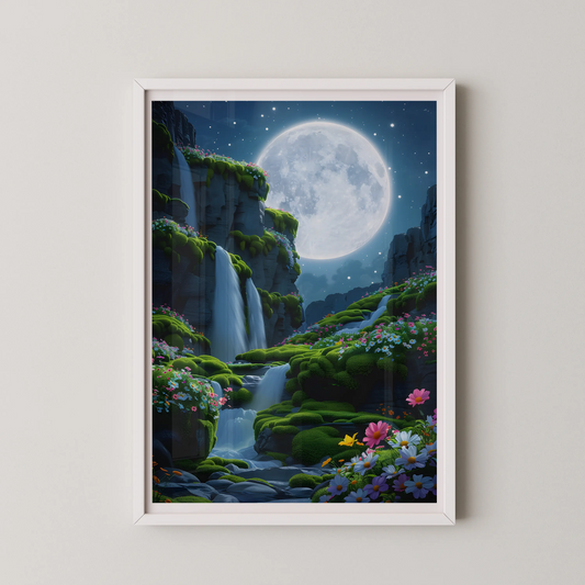 A modern style digital fantasy landscape of a lunar garden with moss-draped cliffs and wildflowers.
