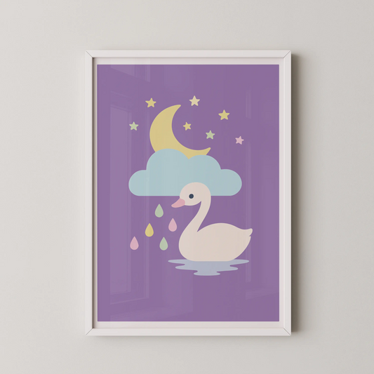 A modern flat-design illustration of a swan floating on water under a crescent moon and stars.
