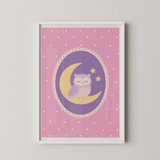 A modern kawaii-inspired flat design poster featuring a lavender owl perched on a crescent moon.