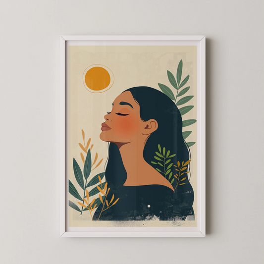 A modern minimalist illustration of a serene woman in profile with lush foliage and a radiant sun