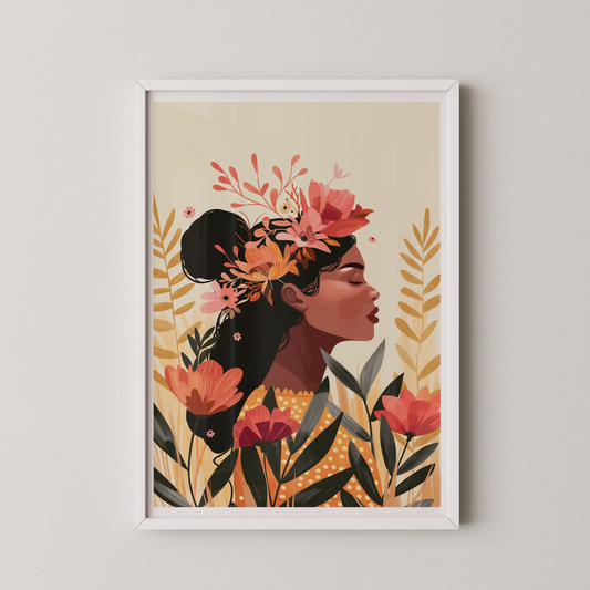 A modern illustrative portrait of a woman with a floral crown, featuring smooth lines and bold shapes against a soft background.