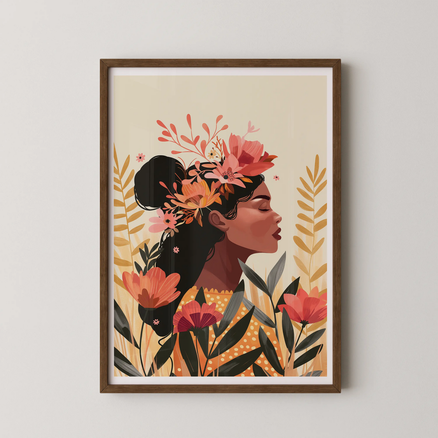 A modern illustrative portrait of a woman with a floral crown, featuring smooth lines and bold shapes against a soft background.