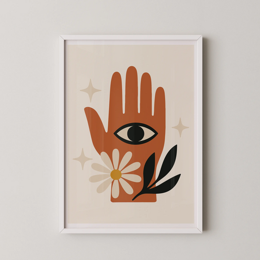 A modern abstract minimalist wall art poster featuring a stylized hand with an all-seeing eye at its center in terracotta and beige tones.