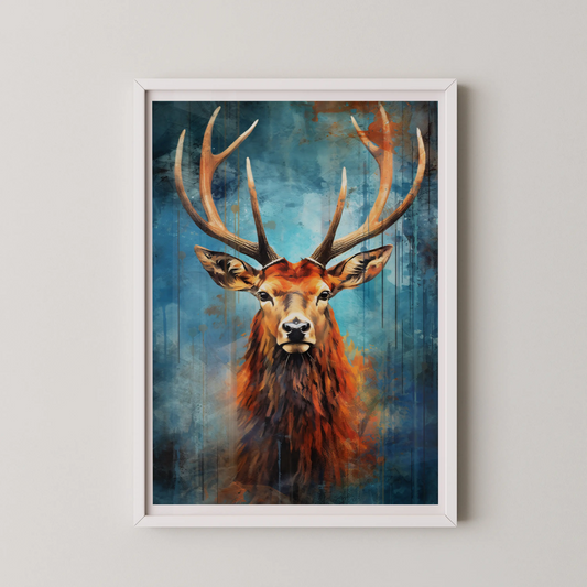A modern digital art style poster featuring a majestic stag with intricate antlers.