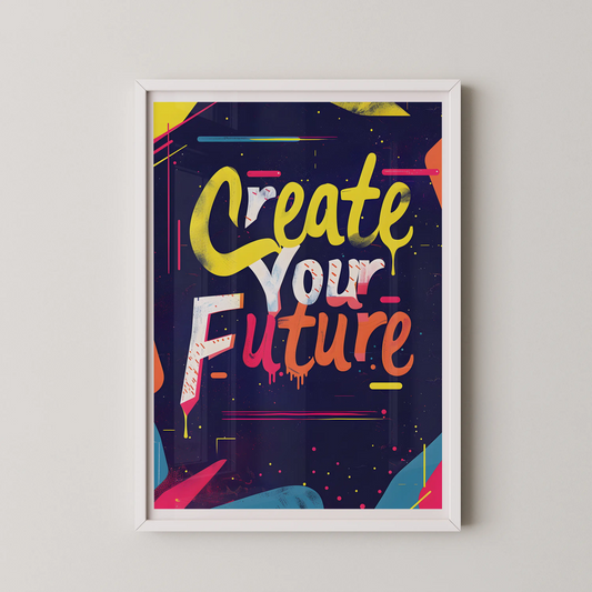 A bold typographic poster with the phrase 'Create Your Future' in a neon gradient script, graffiti style, on a navy background.