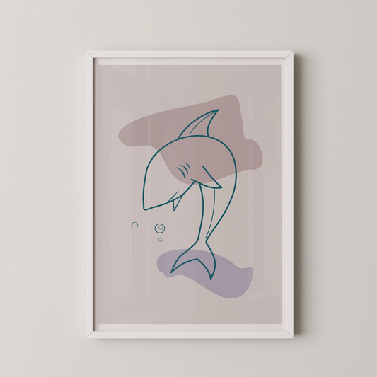 A modern minimalist artwork featuring a stylized shark in a serene pose, perfect for coastal homes.