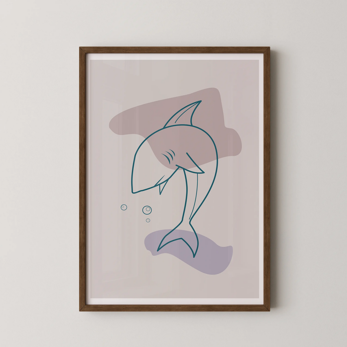 A modern minimalist artwork featuring a stylized shark in a serene pose, perfect for coastal homes.