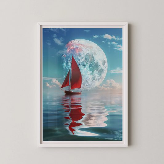 A modern art piece depicting a sailboat at moonrise over a serene ocean.
