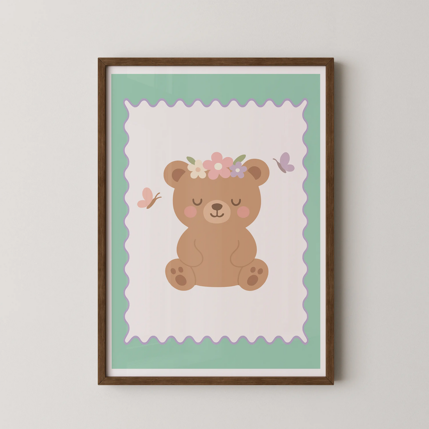 A flat vector illustration in a modern kawaii style showing a pastel bear with a flower crown.