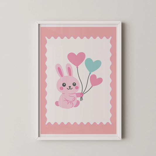 A kawaii-inspired modern illustration of a cute pink bunny holding pastel heart balloons.