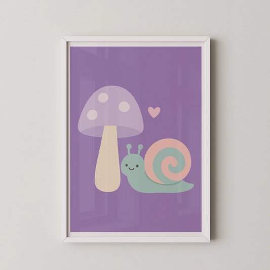 A minimalist digital illustration of a lavender mushroom and a mint snail in pastel colors.