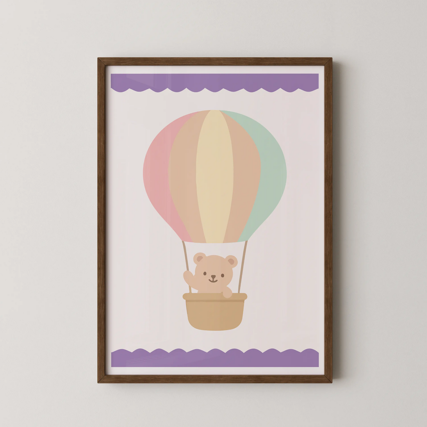 A modern, flat illustration of a teddy bear in a hot air balloon, a whimsical design for a child's room.