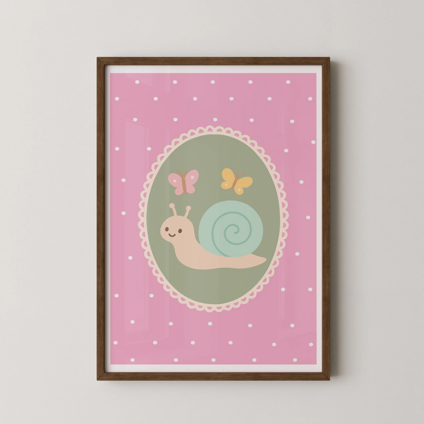 A digital vector illustration of a friendly snail with a spiral shell and two delicate butterflies resting within an oval frame, in a kawaii/children book style.