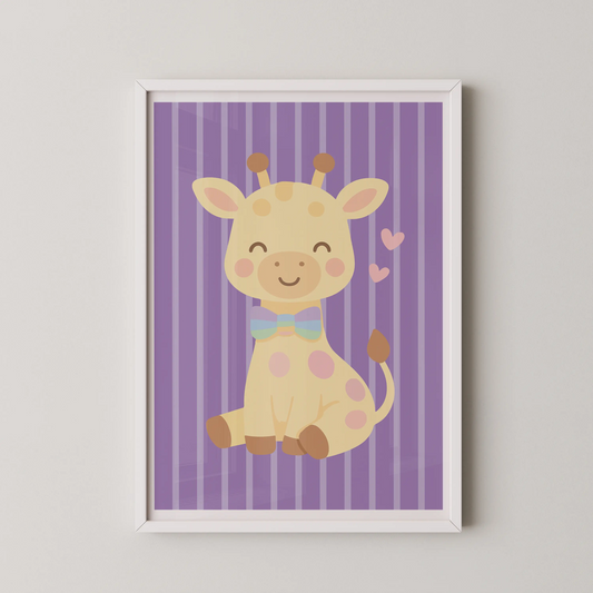 A modern illustration of a smiling giraffe with a pastel rainbow bow-tie, in a flat-design vector style.