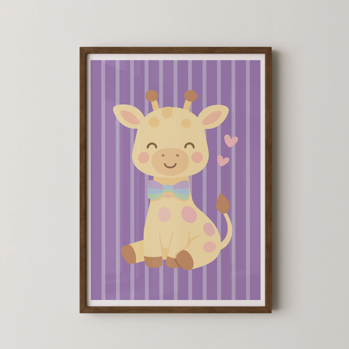 A modern illustration of a smiling giraffe with a pastel rainbow bow-tie, in a flat-design vector style.