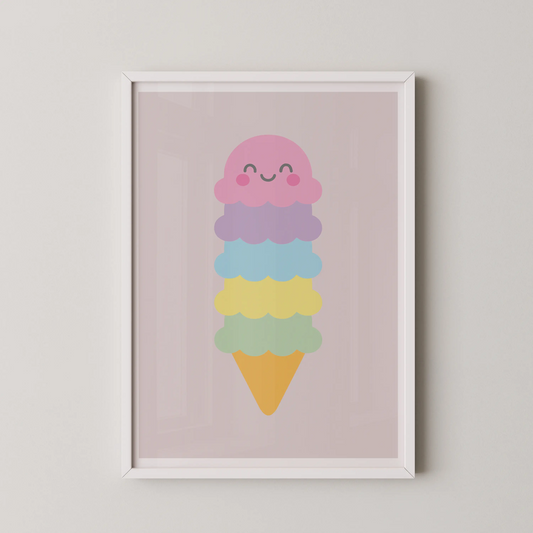 A minimalist kawaii ice cream cone illustration in pastel colors.