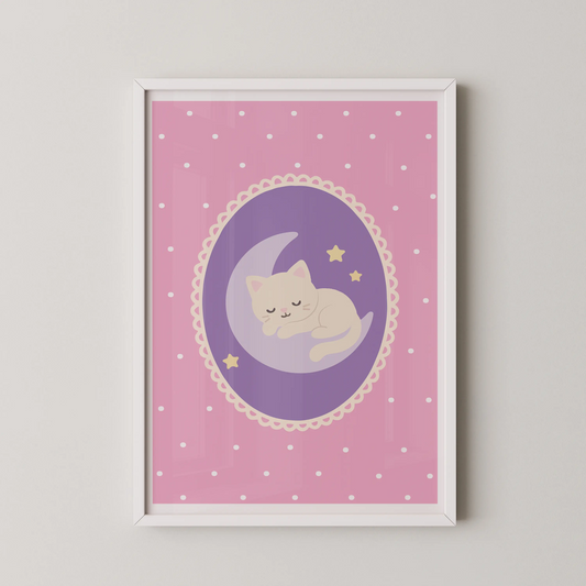 A minimalist flat-design vector illustration of a cream kitten on a lilac moon, in a kawaii style.