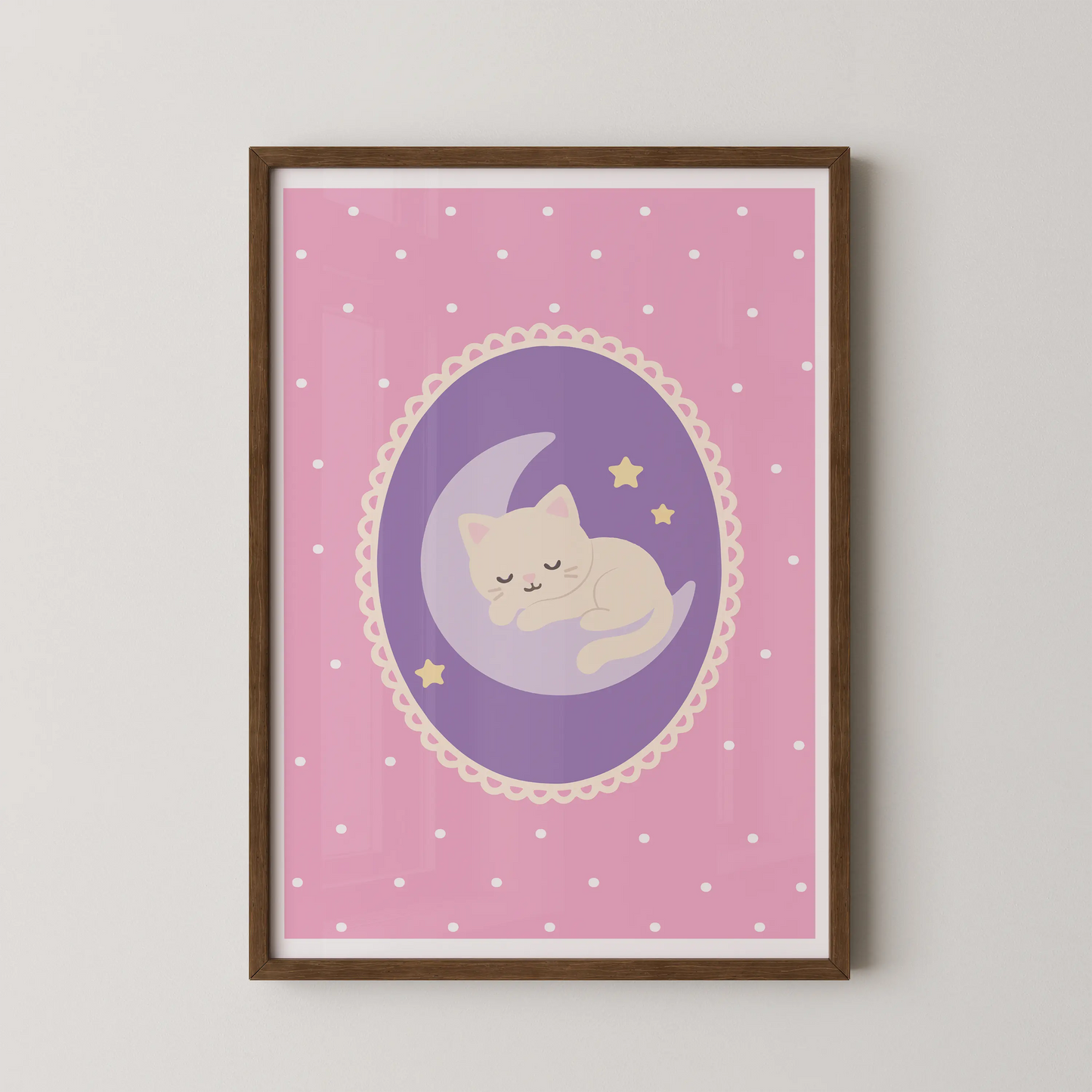 A minimalist flat-design vector illustration of a cream kitten on a lilac moon, in a kawaii style.