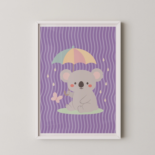 A cute, flat vector illustration of a koala holding an umbrella in a pastel color palette, in a modern style.