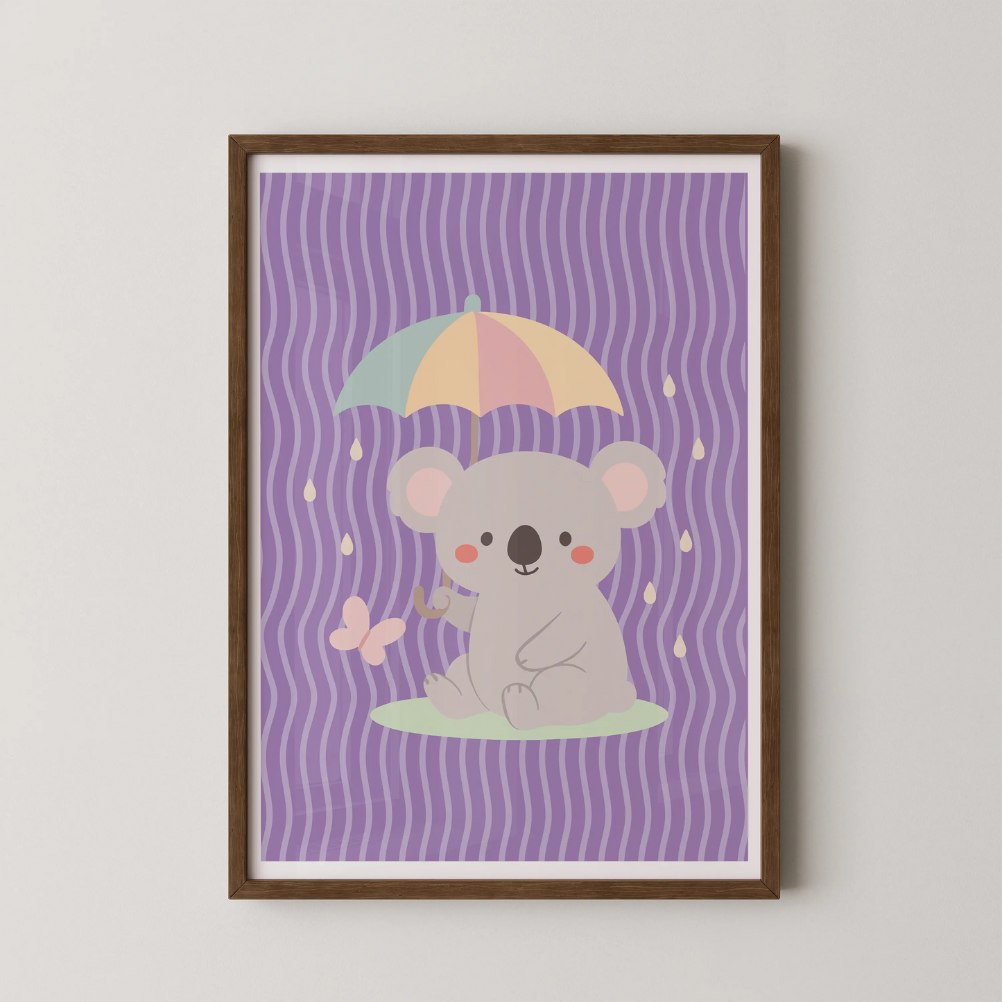 A cute, flat vector illustration of a koala holding an umbrella in a pastel color palette, in a modern style.