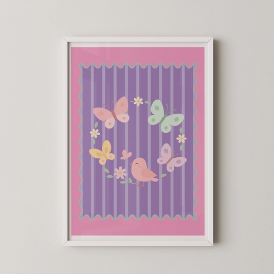 A modern flat-design illustration of pastel butterflies and a pink bird on a lilac-striped stage, with daisies and leaves.