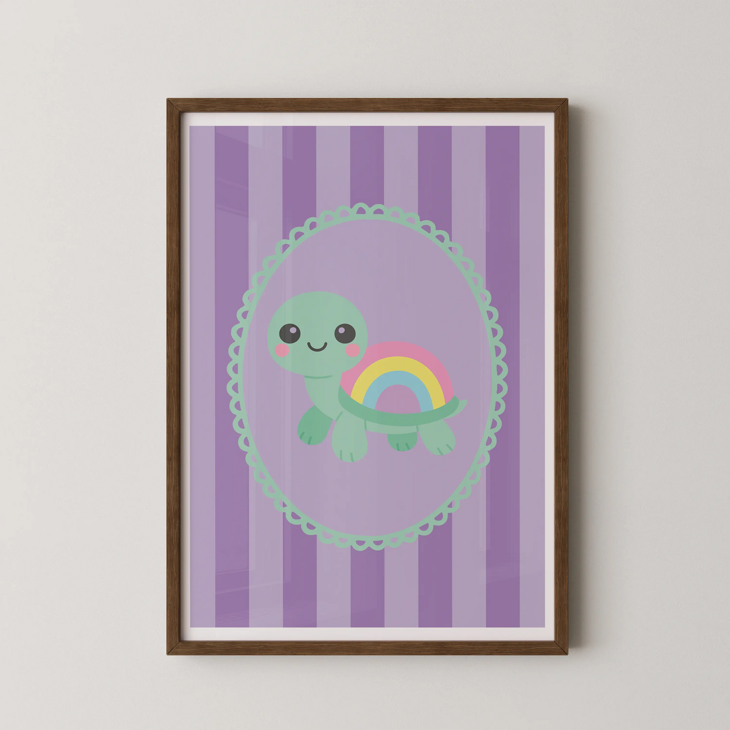 A modern flat vector illustration of a kawaii turtle with a rainbow shell, set in a pastel oval on a lilac background.