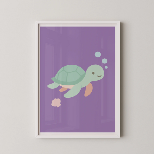 A minimalist flat vector illustration of a smiling sea turtle in pastel colors.