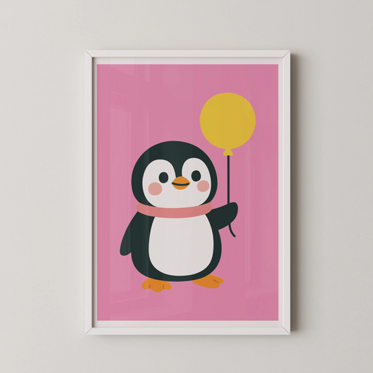 A flat vector illustration of a chubby penguin holding a yellow balloon against a pink backdrop in a kawaii-inspired minimalist style.