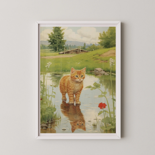 A classic realism artwork of an orange tabby cat wading in a tranquil pond, surrounded by lush greenery.