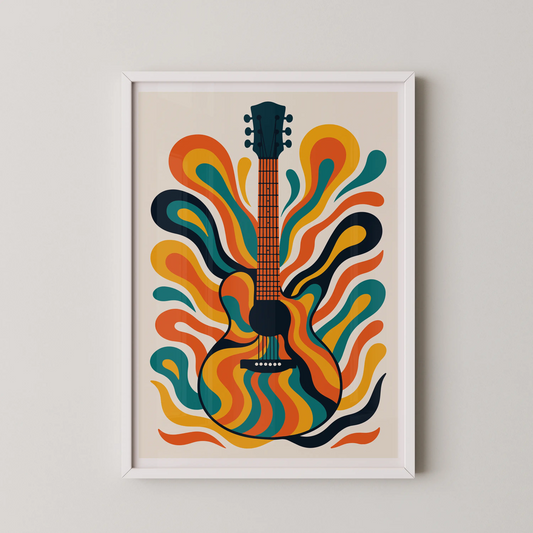 An abstract acoustic guitar with psychedelic colors in a retro style.