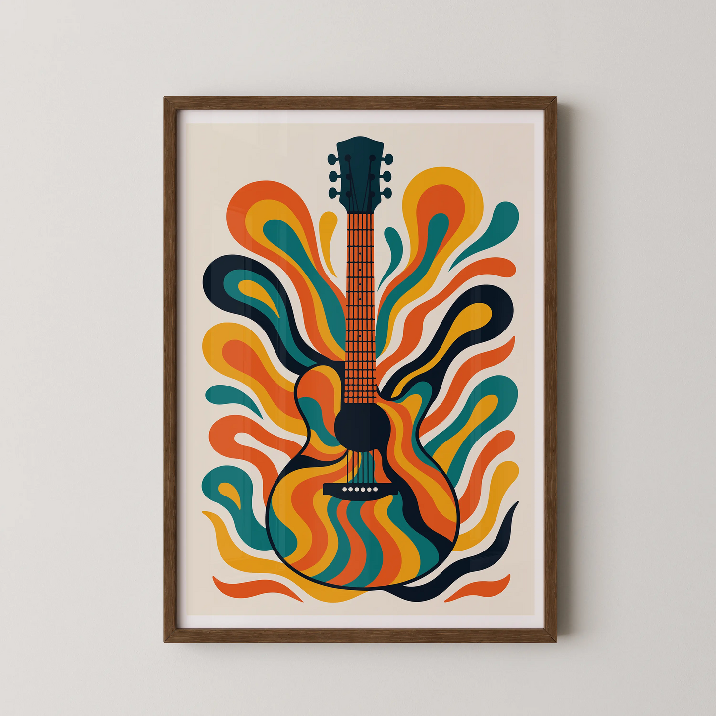 An abstract acoustic guitar with psychedelic colors in a retro style.