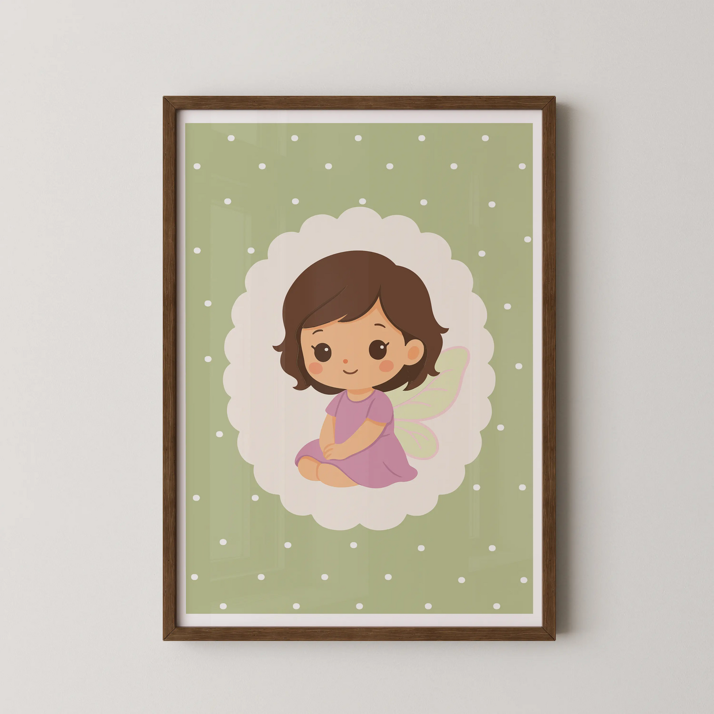 A modern kawaii style illustration of a fairy girl sitting on a cloud.