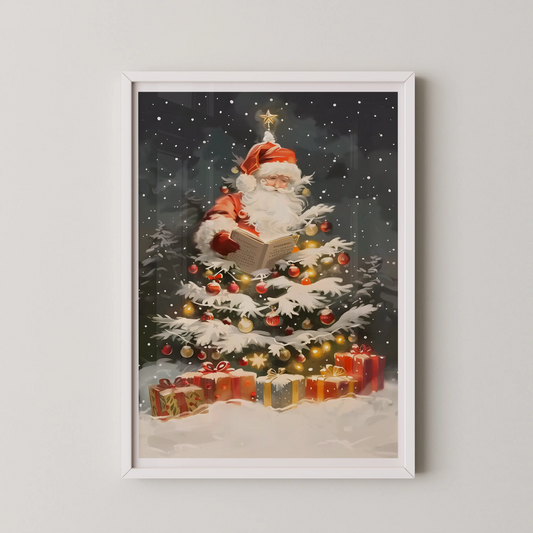 A whimsical, painterly illustration of Santa Claus reading a book by a snow-kissed Christmas tree, in a classic style.
