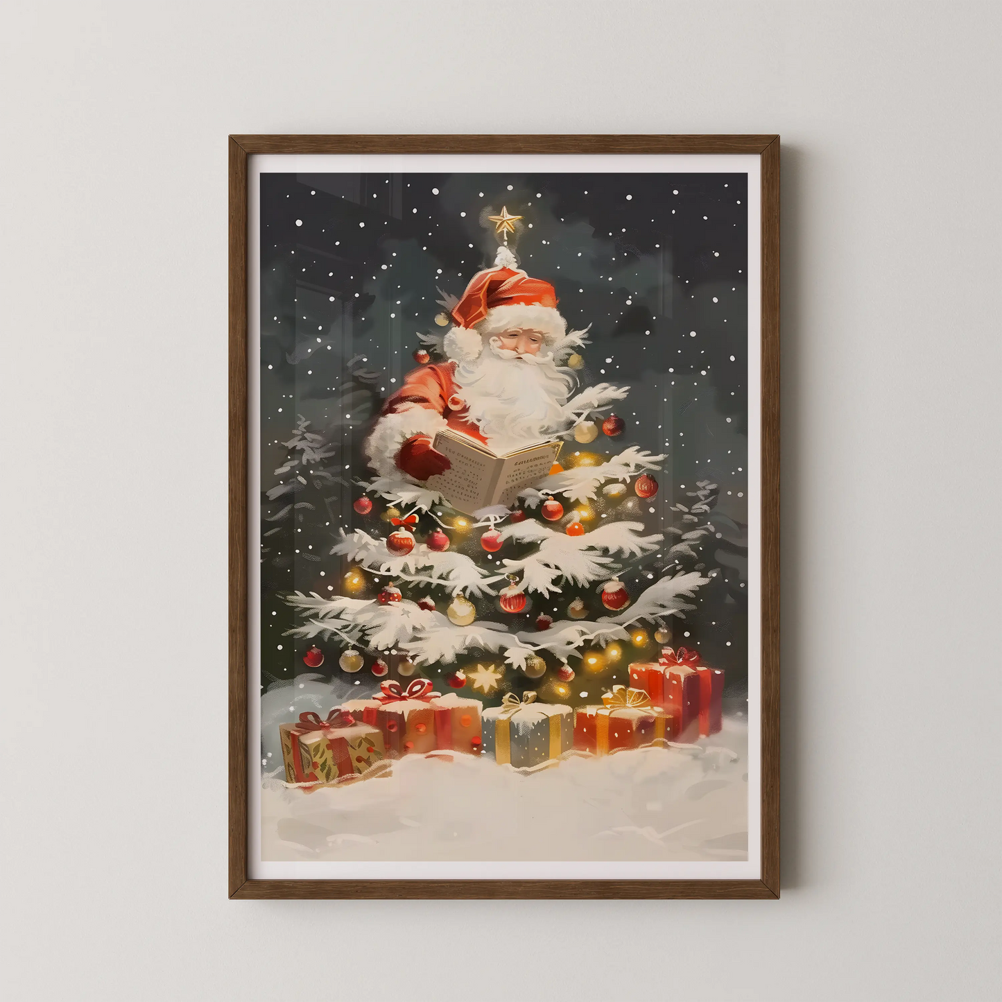A whimsical, painterly illustration of Santa Claus reading a book by a snow-kissed Christmas tree, in a classic style.