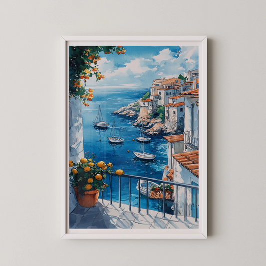 A modern style watercolor painting of a coastal scene with whitewashed buildings on cliffs overlooking the sea.